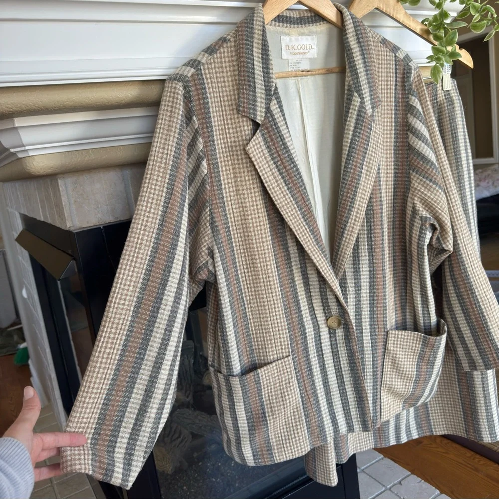 Vintage 70s Wool Blend Mod Stripe Brown Tan‎ Blazer Skirt Set Work Wear Size 16